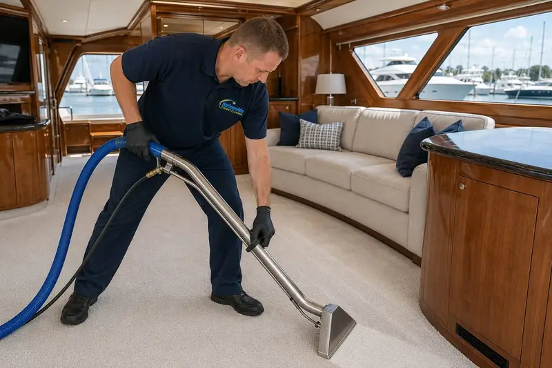 Yacht salon carpet cleaning at a Palm Beach County marina
