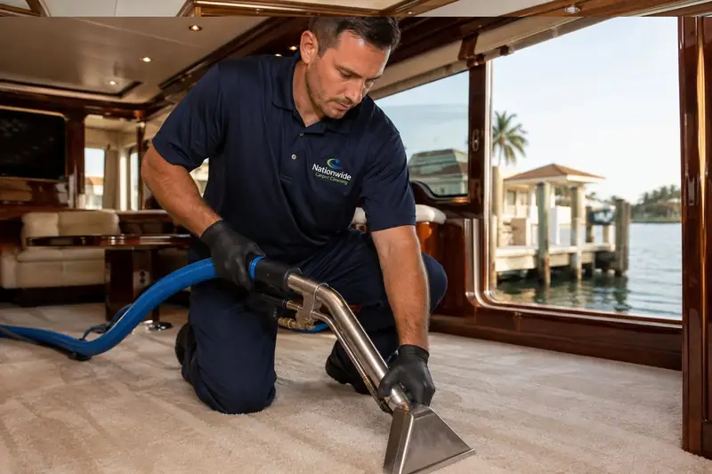 Yacht interior cleaning at a private estate dock in Palm Beach County
